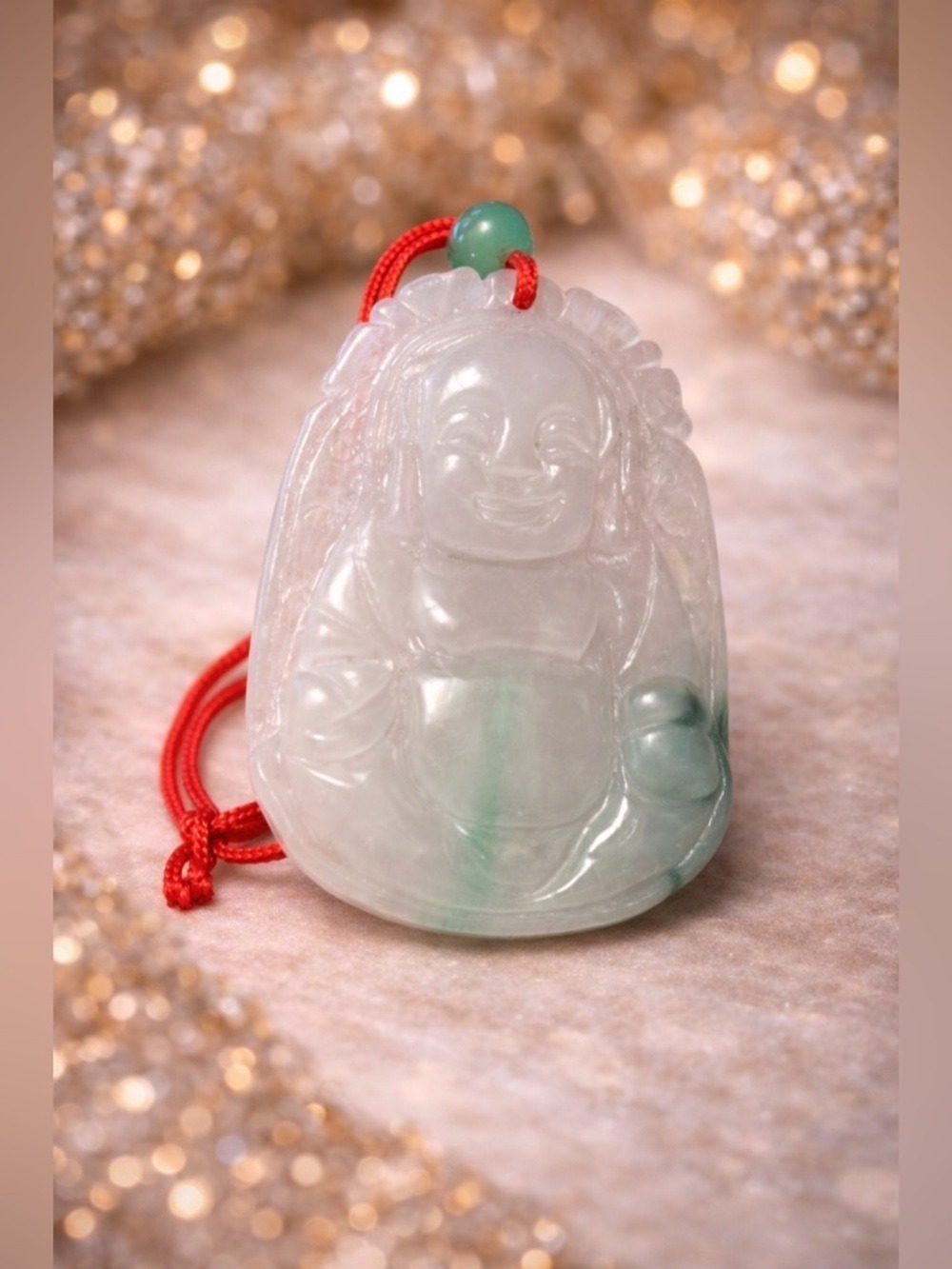 VINTAGE Moss-in-Snow Jadeite Laughing Buddha Pendant — Rare Spiritually Charged